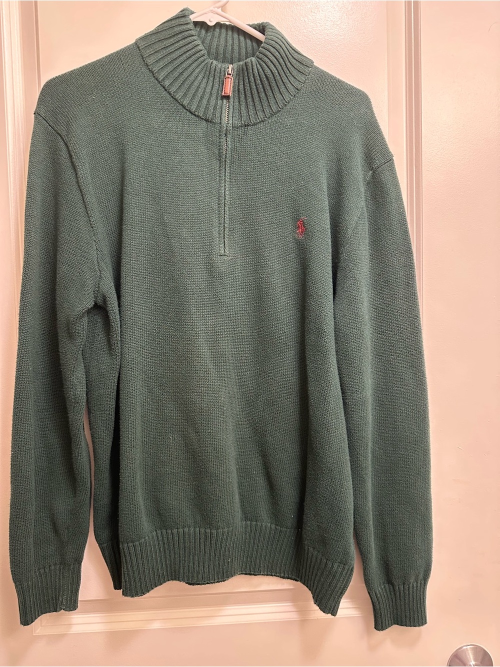 Ralph Lauren Men's Green Quarter-Zip Sweater with Red Polo Pony